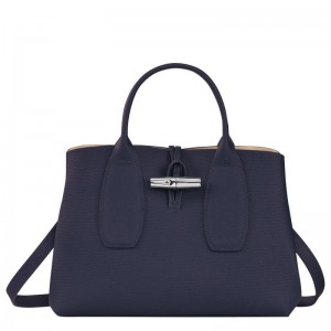 Navy Women's Longchamp Roseau M Handbag | 9546-GPEYJ